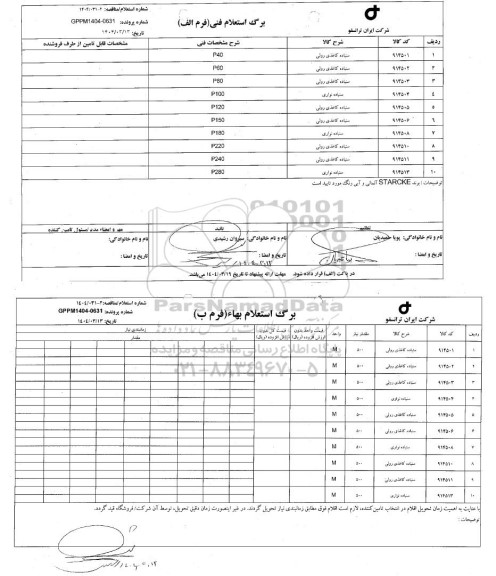 استعلام، مناقصه سنباده کاغذی روئی ...