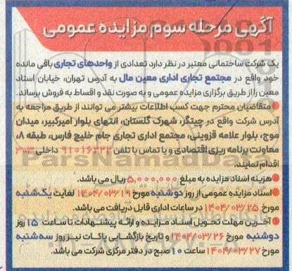 مرحله سوم مزایده فروش تعدادی واحد تجاری