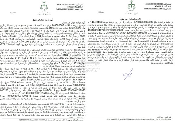 مزایده فروش یک قطعه آپارتمان به مساحت 74.65 مترمربع با پلاک ثبتی 3503 فرعی از 3184 اصلی
