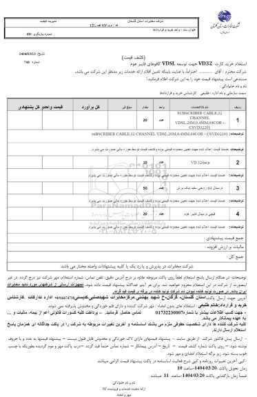 استعلام خرید کارت VD32 جهت توسعه VDSL کافوهای فایبر هوم 