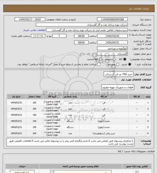 استعلام خرید 750 عد فن آبسردکن