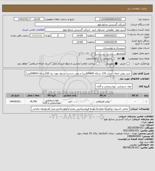 استعلام خرید روغن انتقال حرارت 120 بشکه (24960لیتر) و روغن شست وشوی مورد نیاز 100بشکه (20800لیتر)