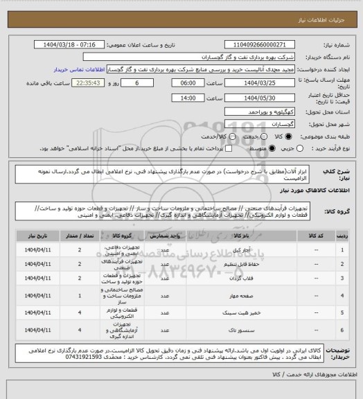 استعلام ابزار آلات(مطابق با شرح درخواست) در صورت عدم بارگذاری پیشنهاد فنی، نرخ اعلامی ابطال می گردد.ارسال نمونه الزامیست