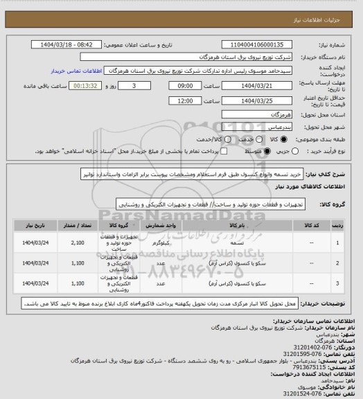 استعلام خرید تسمه وانواع کنسول طبق فرم استعلام ومشخصات پیوست برابر الزامات واستاندارد توانیر