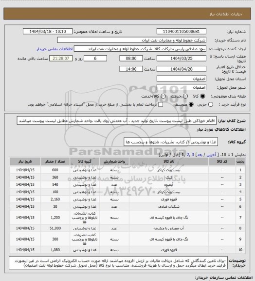 استعلام اقلام خوراکی  طبق لیست پیوست ،تاریخ تولید جدید ،  آب معدنی روی پالت ،واحد شمارش مطابق لیست پیوست میباشد