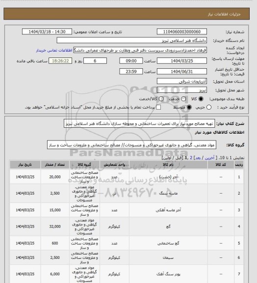 استعلام تهیه مصالح مورد نیاز برای تعمیرات ساختمانی و محوطه سازی دانشگاه هنر اسلامی تبریز