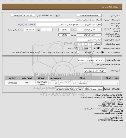 استعلام سیم و کابل طبق لیست پیوست