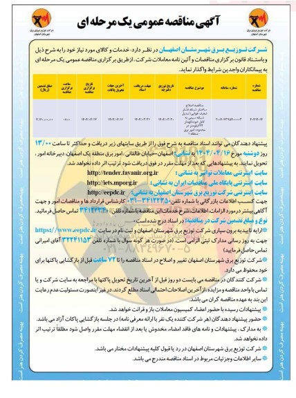 مناقصه  اصلاح ساختار شبکه فشار ضعیف هوایی