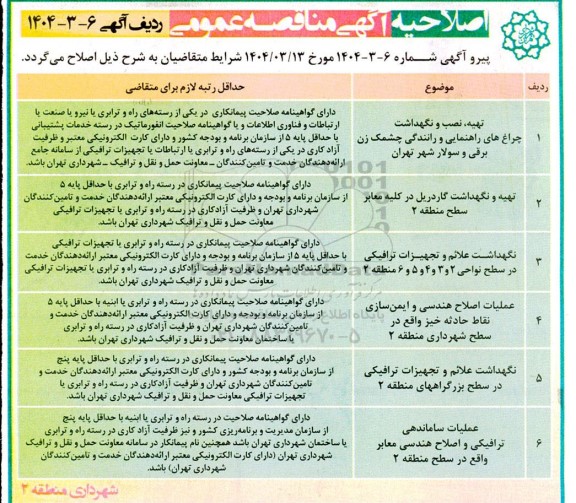 مناقصه تهیه نصب و نگهداشت چراغهای راهنمایی و رانندگی چشمک زن برقی ........اصلاحیه