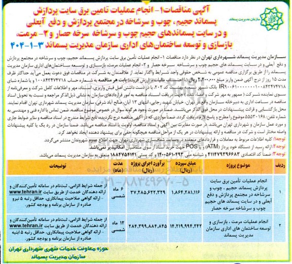 مناقصه انجام عملیات تامین برق سایت پردازش پسماند حجیم، چوب و سرشاخه..........