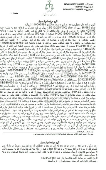 مزایده فروش تعداد 88.680 سهم از تعداد 2.312.268.000 سهام شرکت