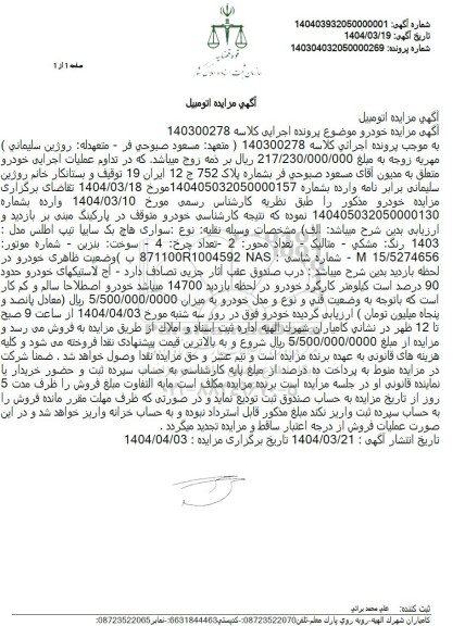 مزایده یک دستگاه اتومبیل سواری هاچ بک سایپا تیپ اطلس مدل 1403 رنگ مشکی متالیک