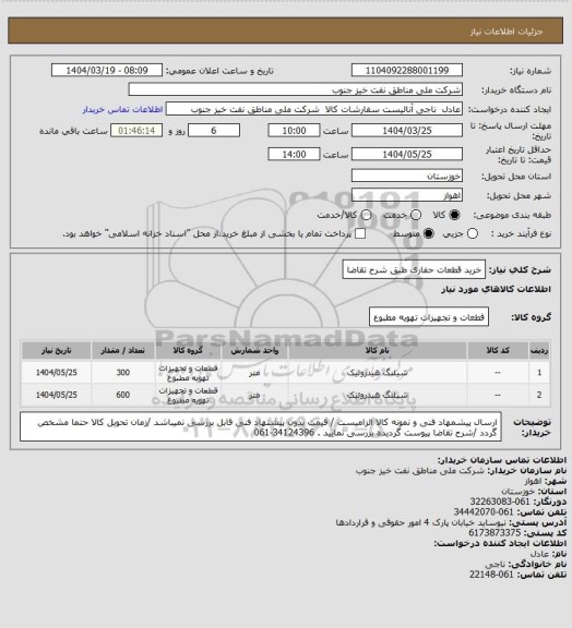 استعلام خرید قطعات حفاری طبق شرح تقاضا