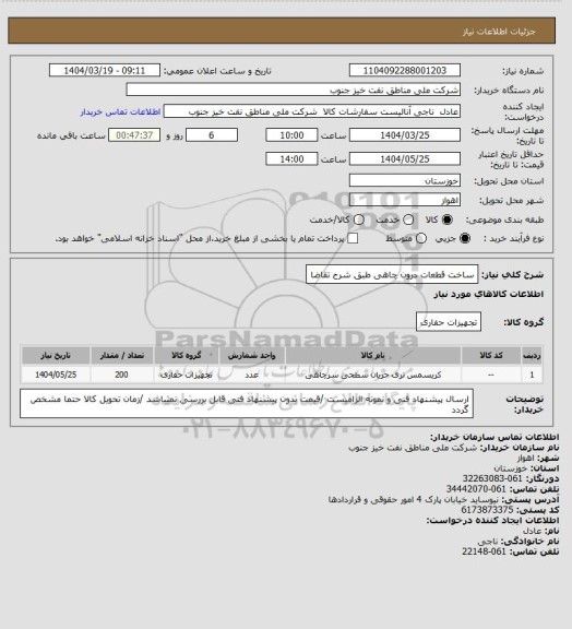 استعلام ساخت قطعات درون چاهی طبق شرح تقاضا