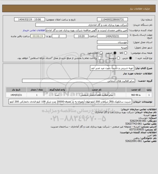 استعلام تهیه شرینی و شربت جهت عید غدیر خم