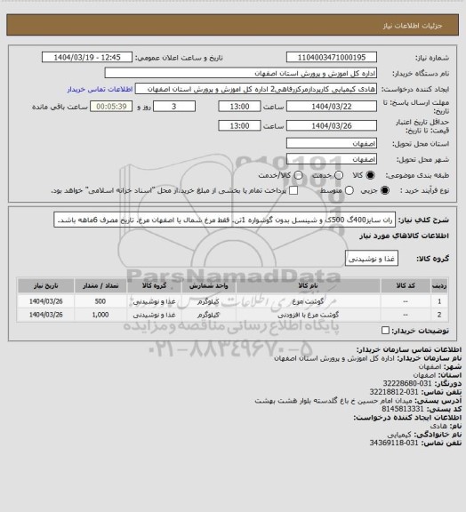 استعلام ران سایز400گ 500ک و شینسل بدون گوشواره 1تن. فقط مرغ شمال یا اصفهان مرغ. تاریخ مصرف 6ماهه باشد.