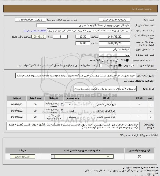 استعلام خرید تجهیزات خیاطی طبق لیست پیوستی تامین کنندگان محترم شرایط عمومی را مطالعه و پیشنهاد قیمت فرمایند