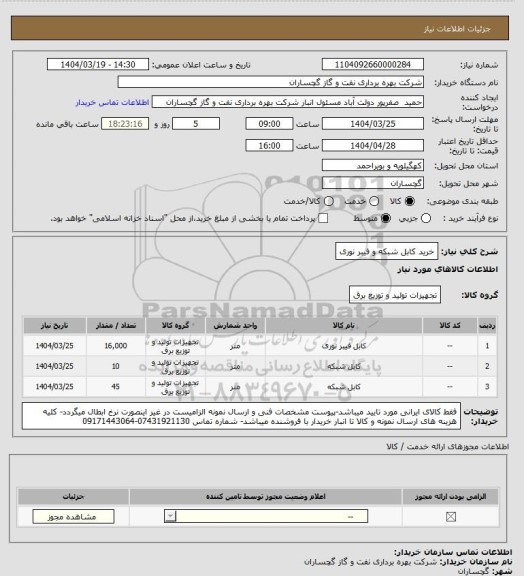 استعلام خرید کابل شبکه و فیبر نوری