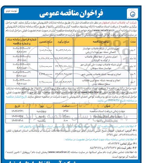مناقصه اجرای بخشی از شبکه فاضلاب ...- نوبت دوم
