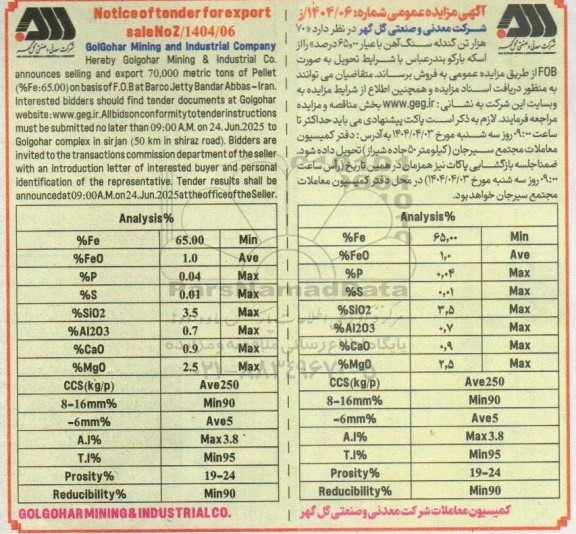 مناقصه و مزایده فروش 70 هزار تن گندله سنگ آهن با عیار 65.00 درصد