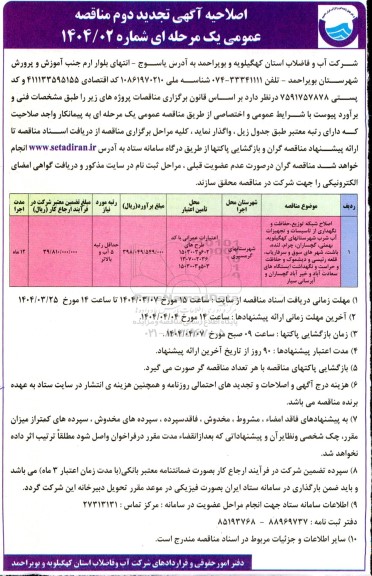 اصلاحیه تجدید دوم مناقصه اصلاح شبکه توزیع، حفاظت و نگهداری از تاسیسات و تجهیزات آب شرب .......- نوبت دوم