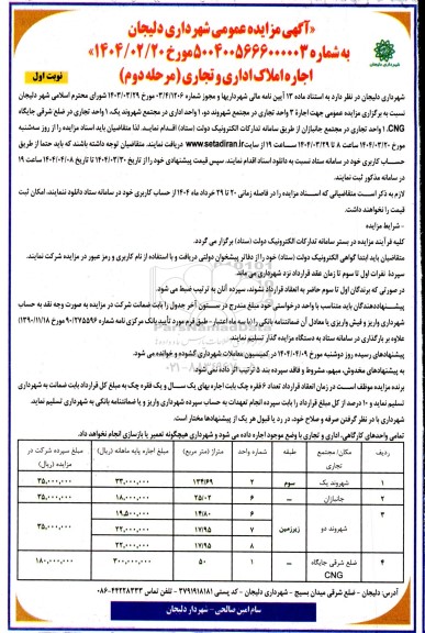 مزایده اجاره املاک اداری و تجاری مرحله دوم نوبت اول 