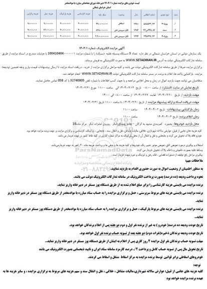مزایده تعداد 3 دستگاه وسیله نقلیه (سبک)