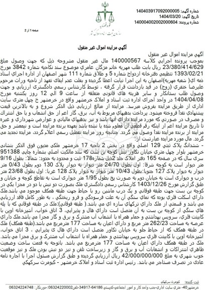 مزایده فروش ملک به پلاک ثبتی 129 اصلی به مساحت 177 مترمربع
