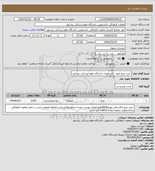 استعلام خرید برنج جهت دانشجویان دانشگاه علوم پزشکی نیشابور