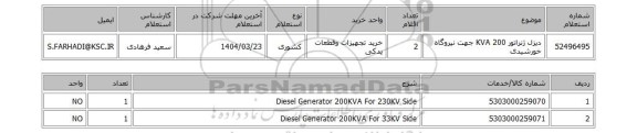 استعلام دیزل ژنراتور 200 KVA جهت نیروگاه خورشیدی