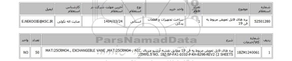 استعلام پره های قابل تعویض مربوط به فن 19