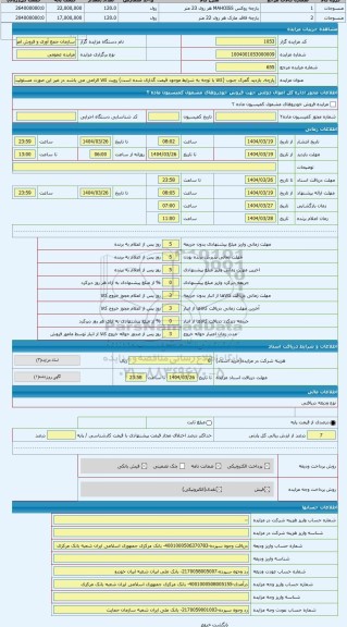 مزایده ، پارچه. بازدید گمرک جنوب (کالا با توجه به شرایط موجود قیمت گذاری شده است) رویت کالا الزامی می باشد در غیر این صورت مسئول