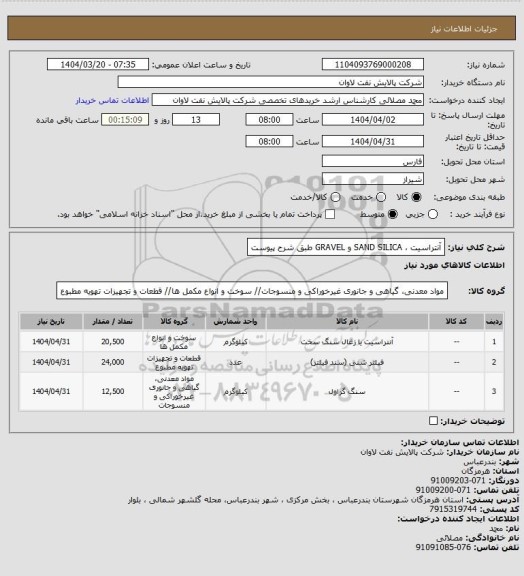 استعلام آنتراسیت ، SAND SILICA و GRAVEL طبق شرح پیوست