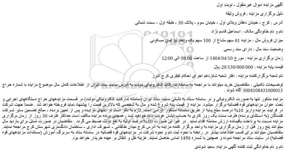مزایده 61 سهم مشاع از 100 سهم یک واحد آپارتمان مسکونی