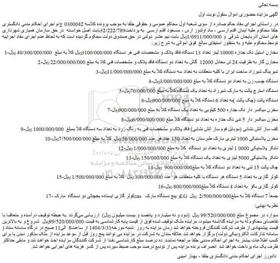 مزایده مخازن استیل تک جداره 10000 لیتر تعداد 13 دستگاه فاقد پلاک و...