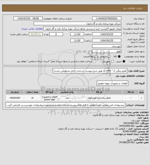 استعلام فلنج رینگی 2 " cl 1500 طبق شرح پیوست (ساخت داخل مدنظرمی باشد)