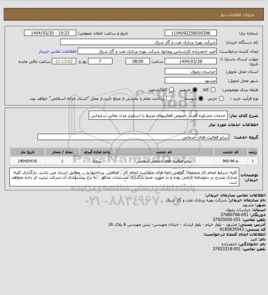 استعلام خدمات مشاوره ای در خصوص فعالیتهای مرتبط با استقرار مدل تعالی سازمانی