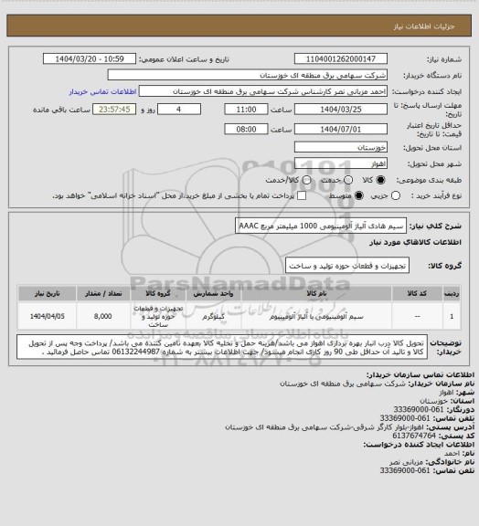 استعلام سیم هادی آلیاژ آلومینیومی 1000 میلیمتر مربع AAAC