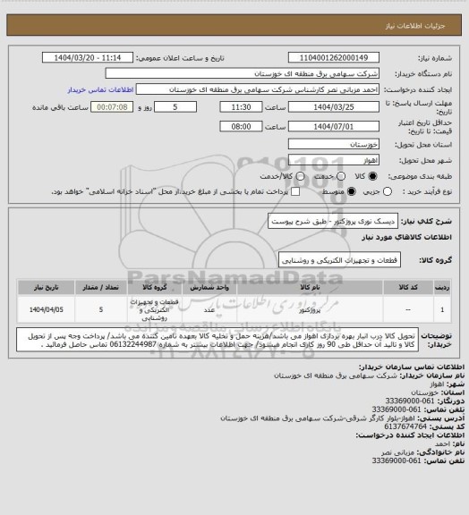 استعلام دیسک نوری پروژکتور - طبق شرح پیوست