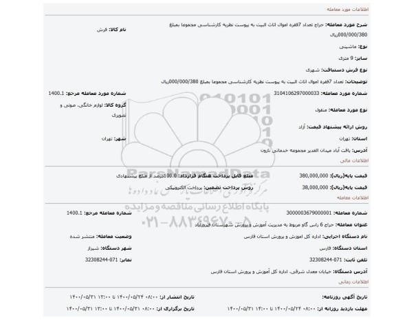 مزایده، تعداد 7فقره اموال اثاث البیت به پیوست نظریه کارشناسی مجموعا بمبلغ 000/000/380ریال