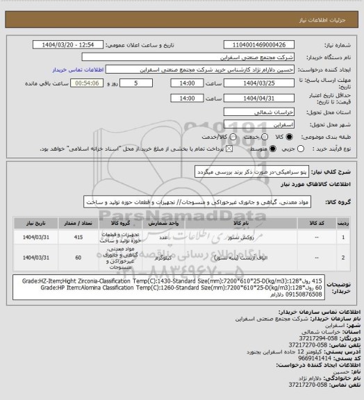 استعلام پتو سرامیکی-در صورت ذکر برند بررسی میگردد