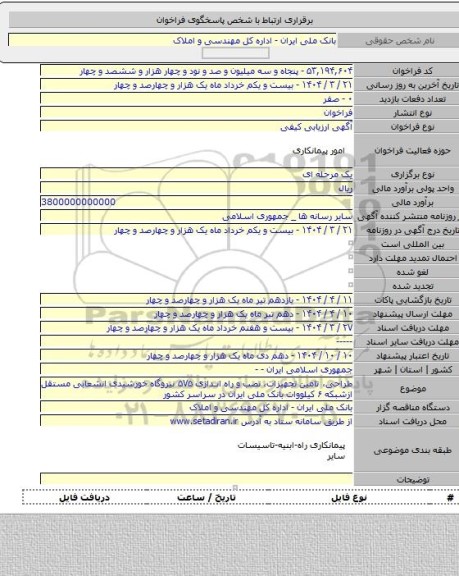 مناقصه, طراحی، تامین تجهیزات، نصب و راه اندازی ۵۷۵ نیروگاه خورشیدی انشعابی مستقل ازشبکه  ۶ کیلووات بانک ملی ایران در سراسر کشور