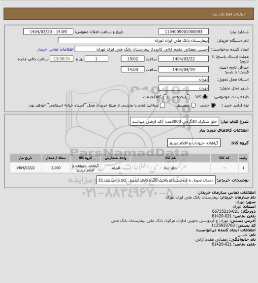 استعلام حلوا شکری 30گرمی 3000عدد /کد فرضی میباشد
