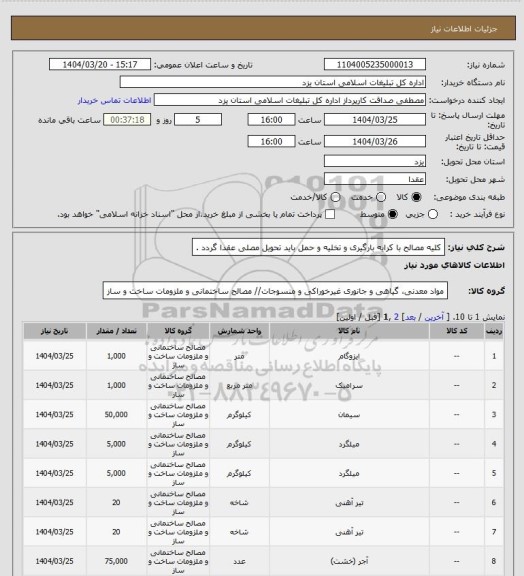 استعلام کلیه مصالح با کرایه بارگیری و تخلیه و حمل باید تحویل مصلی عقدا گردد .