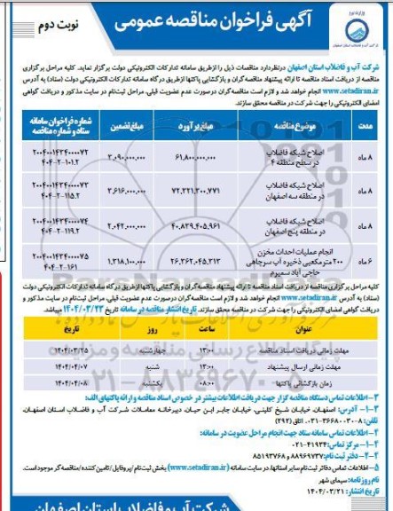 مناقصه اجرای بخشی از شبکه فاضلاب ... نوبت دوم 
