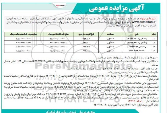 مزایده فروش 4 قطعه زمین مسکونی- نوبت دوم