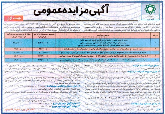 مزایده اجاره برخی تابلوهای تبلیغاتی و املاک شهر
