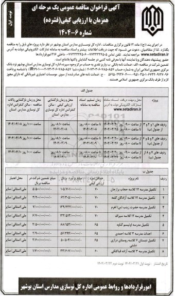 مناقصه تکمیل مدرسه 12 کلاسه ...