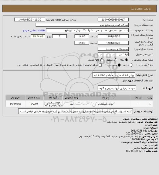 استعلام روغن انتقال حرارت به مقدار 24960 لیتر