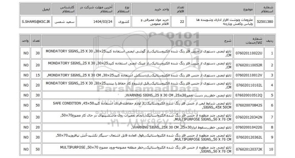 استعلام ملزومات ونوشت افزار اداری وشوینده ها ولباس وکفش وپارچه